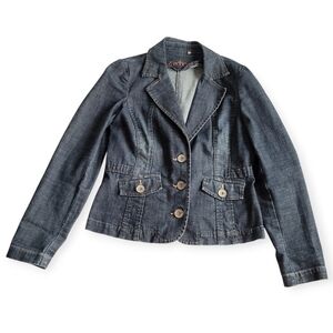 Vintage Y2K Boho CONTRAST Dark Wash Denim Blazer Jacket Fitted Medium Stretch